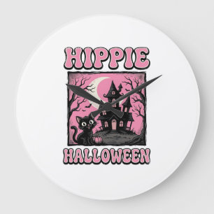 Hippie Halloween Vintage Spukhaus Katze T-Shirt_1 Große Wanduhr