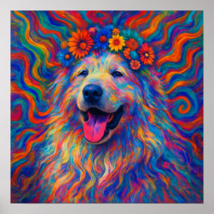 Hippie Happy Great Pyrenäen Dog Art Portrait Poster