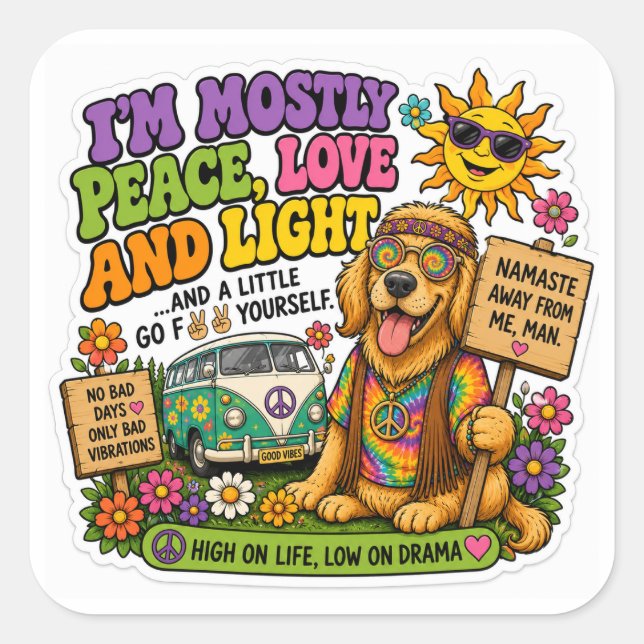 Hippie-Hund Quadratischer Aufkleber (Vorderseite)