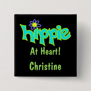 Hippie in Heart Turquoise Art Black Name Abzeichen Button