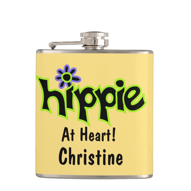 Hippie in Heart Yellow Art Name Personalisiert Flachmann (Vorderseite)