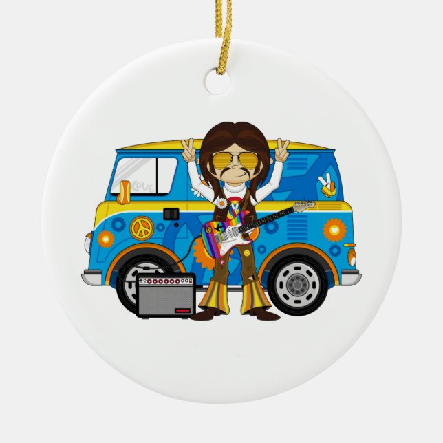 Hippie-Junge mit Gitarre u. Reisemobil Keramik Ornament (Vorne)