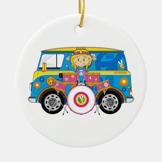 Hippie-Mädchen mit Trommeln und Reisemobil Keramikornament (Vorne)