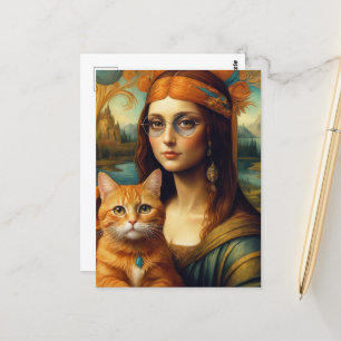 Hippie Mona Lisa und ihre Ingwerkatze Postkarte