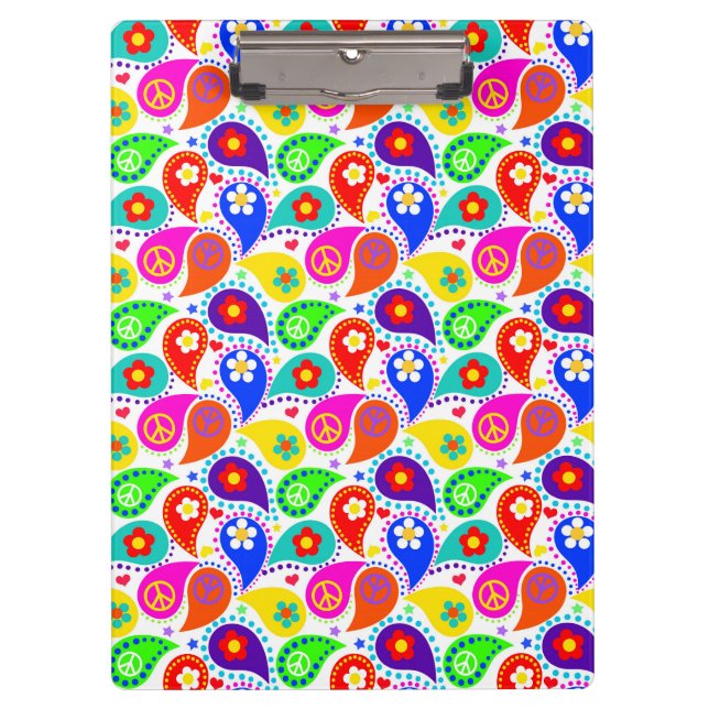 Hippie Paisley Peace Signs and Blume Zwischenablag Klemmbrett (Vorderseite)