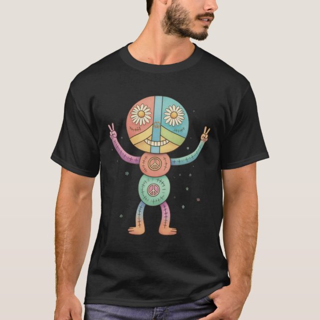 Hippie Peace Doll – Retro Stitched Flower Child T-Shirt (Vorderseite)