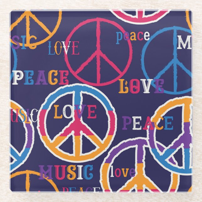 Hippie Peace: Lebhaftes Symboldesign. Glasuntersetzer (Vorderseite)