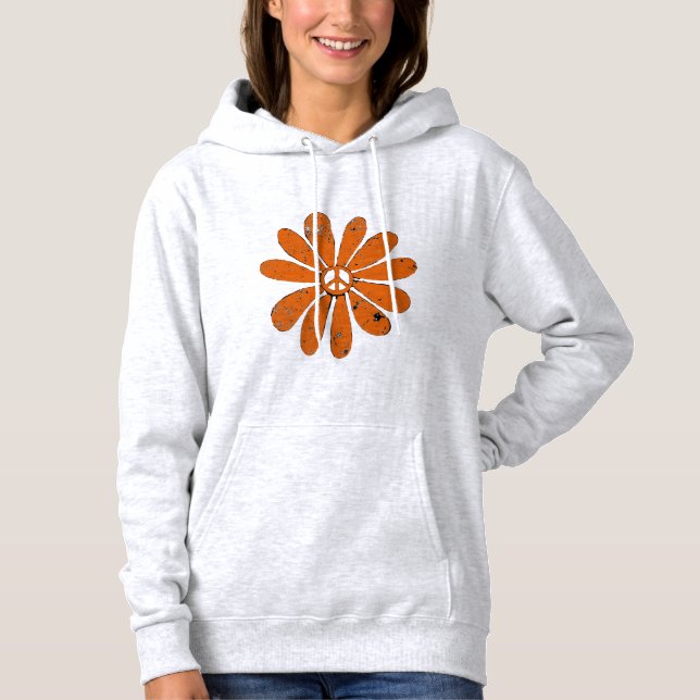Hippie Peace Sign Blume Orange Distressed Look Hoodie (Vorderseite)