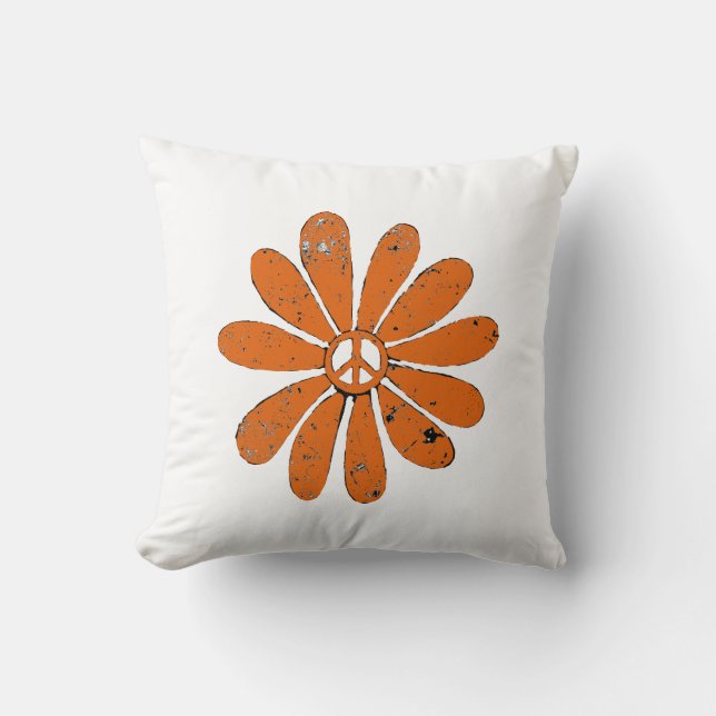 Hippie Peace Sign Blume Orange Distressed Look Kissen (Vorderseite)