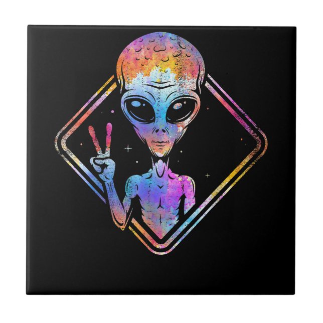 Hippie Peace Sign Outer Space - Alien Fliese (Vorderseite)