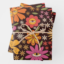 Hippie Psychedelic 70er Groovy Blume Augenmuster Geschenkpapier Set
