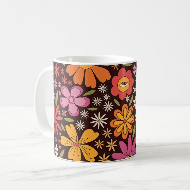 Hippie Psychedelic 70er Groovy Blume Augenmuster Kaffeetasse (Vorderseite Links)