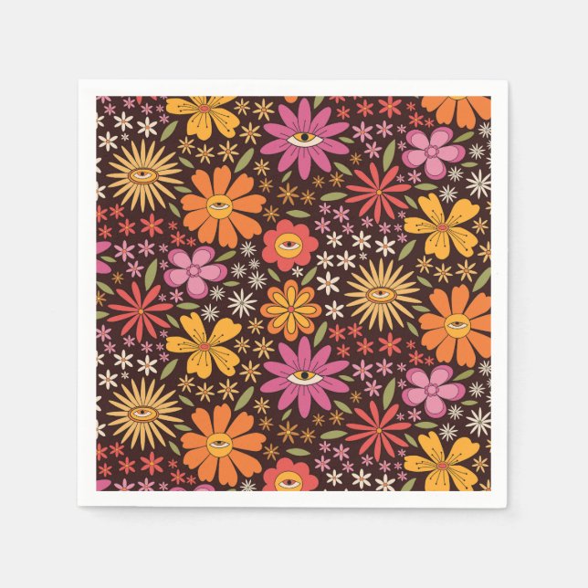 Hippie Psychedelic 70er Groovy Blume Augenmuster Serviette (Vorderseite)