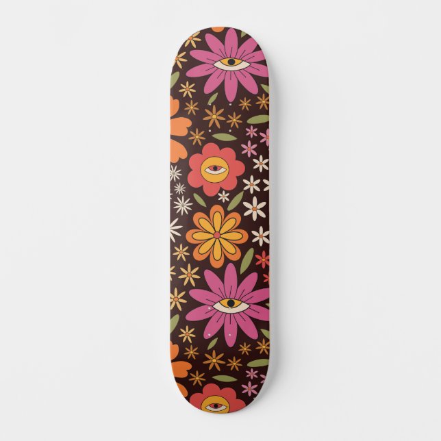 Hippie Psychedelic 70er Groovy Blume Augenmuster Skateboard (Vorderseite)