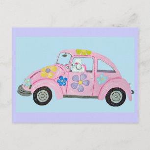 Hippie-Pudel im Flower-Child-Liebesauto Einladungspostkarte