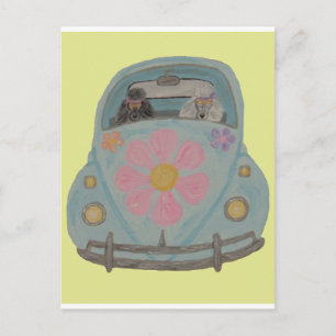 Hippie-Pudel in ihrem Flower Child-Liebesauto Einladungspostkarte