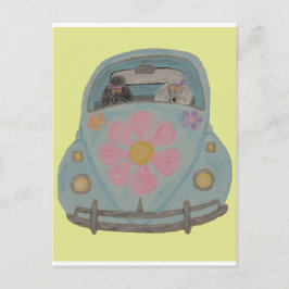 Hippie-Pudel in ihrem Flower Child-Liebesauto Postkarte