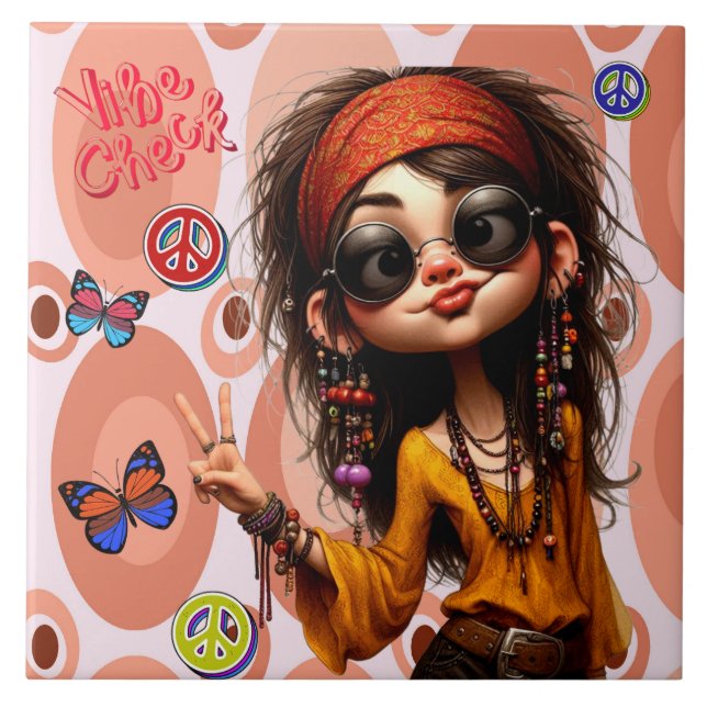 Hippie Quirky Girl Karo Keramik Tile Fliese (Vorderseite)