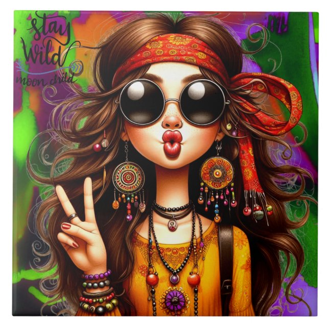Hippie Quirky Girl Moon Keramik Tile Fliese (Vorderseite)