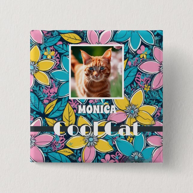Hippie Retro Floral Groovy Coole Katze Individuell Button (Vorderseite)