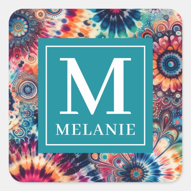 Hippie Retro Krawatte-Dye Mit Monogramm Quadratischer Aufkleber (Vorderseite)