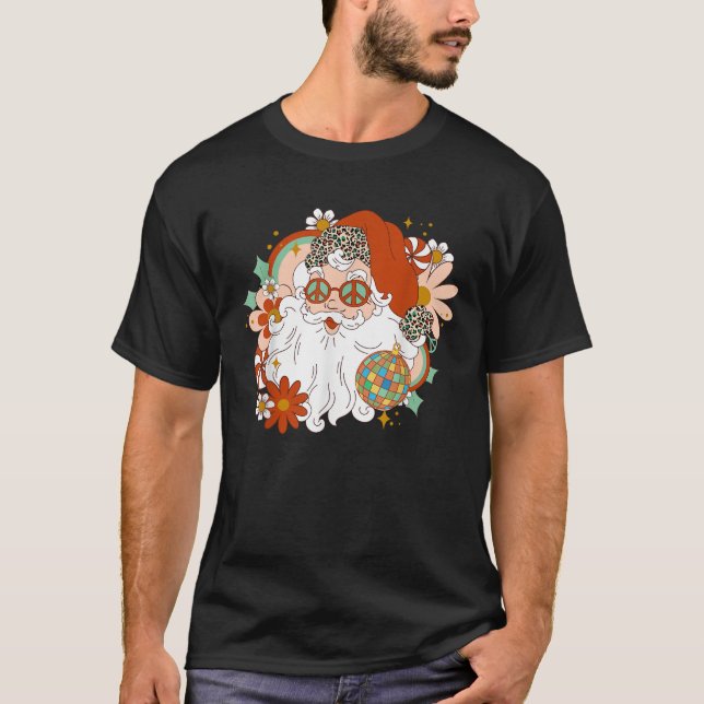 Hippie Santa Claus Floral Peace Signorio Xmas Retr T-Shirt (Vorderseite)