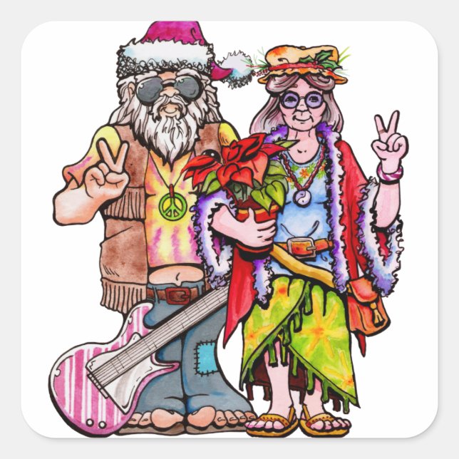 Hippie Santa Couple Quadratischer Aufkleber (Vorderseite)