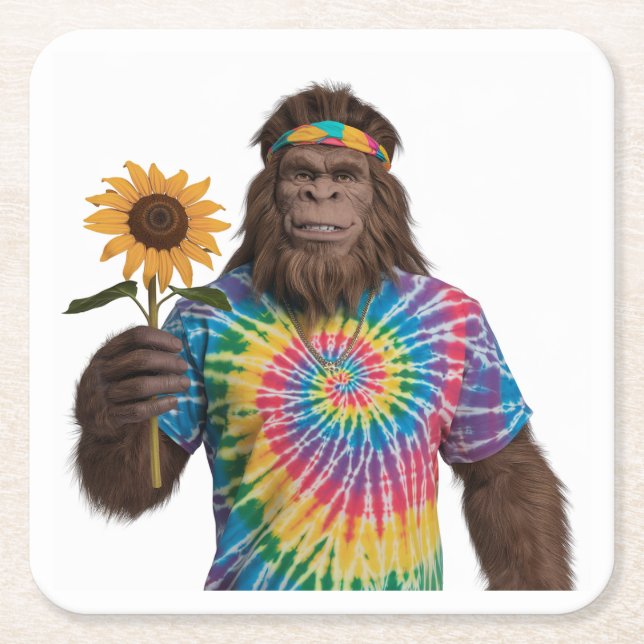 Hippie Sasquatch in Tiedye mit Sonnenblumen Rechteckiger Pappuntersetzer (Vorderseite)