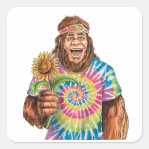 Hippie Sasquatch mit Sonnenblume Quadratischer Aufkleber