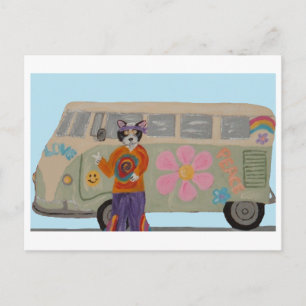 Hippie-Smoking-Tuxedo-Katze mit Flower-Child-Van Einladungspostkarte