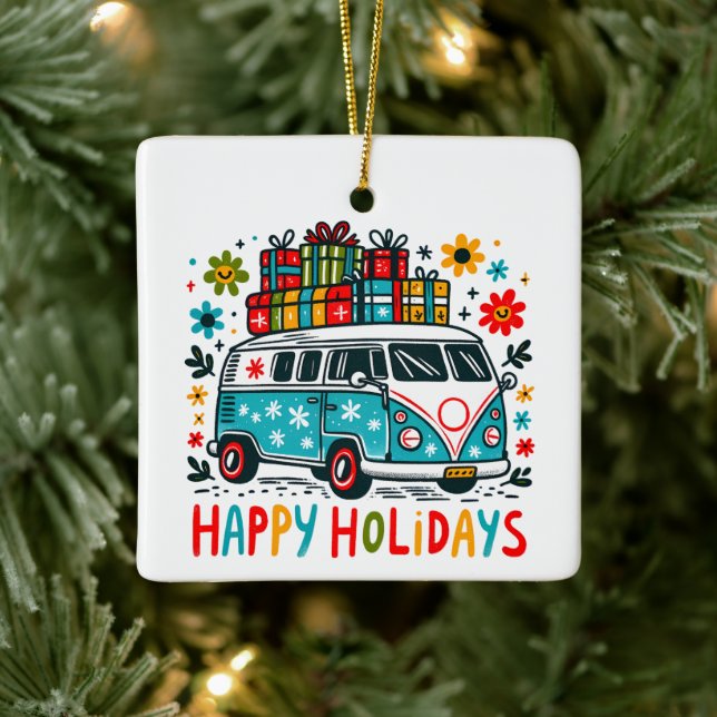 Hippie Style Good Vibes Groovy Christmas Van Keramikornament (Baum)