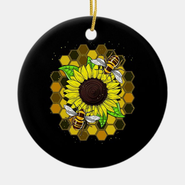 Hippie Sunflower Bees Keramik Ornament (Vorne)