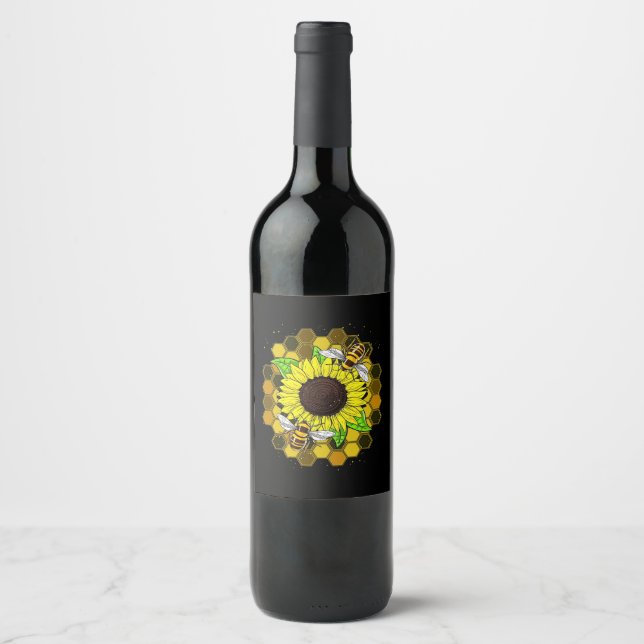 Hippie Sunflower Bees Weinetikett (Vorderseite)