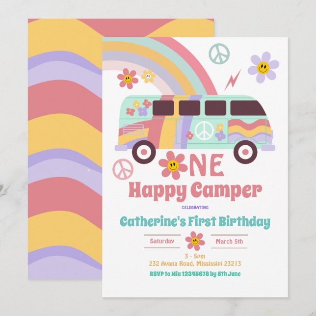 Hippie Van One Happy Camper Erster Geburtstag Einladung (Vorne/Hinten)