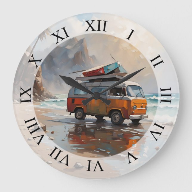 Hippie Van Seascape Traveler Mood Art Große Wanduhr (Vorderseite)