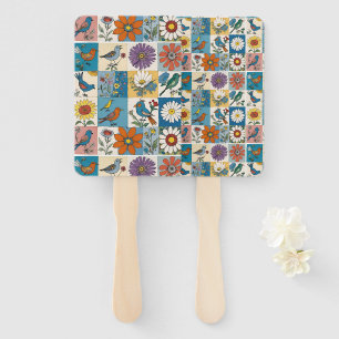 Hippie-Volks kunst Blumen-Patchwork mit Vögeln Fächer