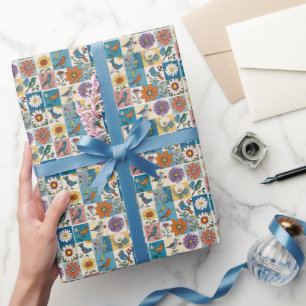 Hippie-Volks kunst-Blumen-Patchwork mit Vögeln Geschenkpapier