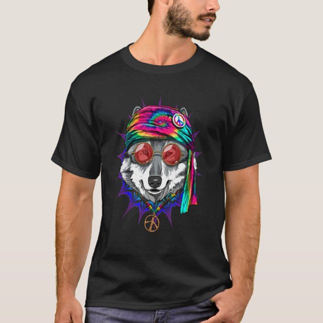 Hippie-Wolf-Tie-Dye-Tier-Friedenszeichen-Psychedel T-Shirt (Vorderseite)