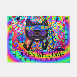 Hippies Willkommen Black Cat Lila Shades Funny Nie Fußmatte