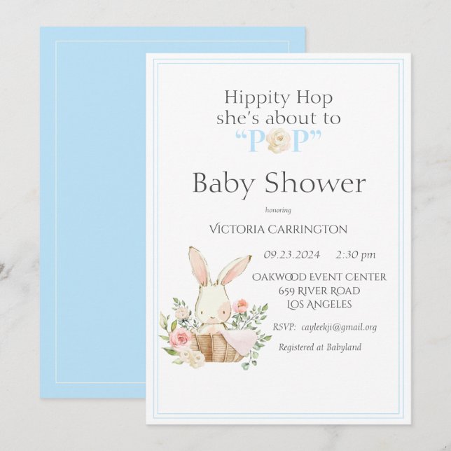 Hippity Hop Bunny Blue Moderne Babydusche Einladung (Vorne/Hinten)