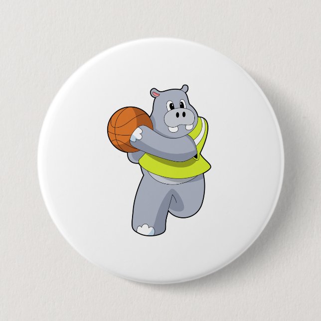 Hippo als Basketballspieler mit Basketball.PNG Button (Vorderseite)