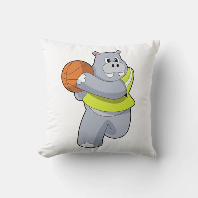 Hippo als Basketballspieler mit Basketball.PNG Kissen (Vorderseite)