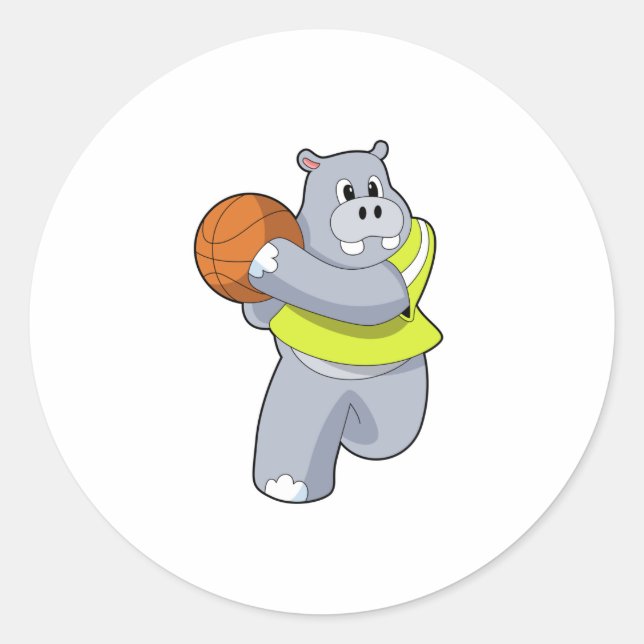 Hippo als Basketballspieler mit Basketball.PNG Runder Aufkleber (Vorderseite)