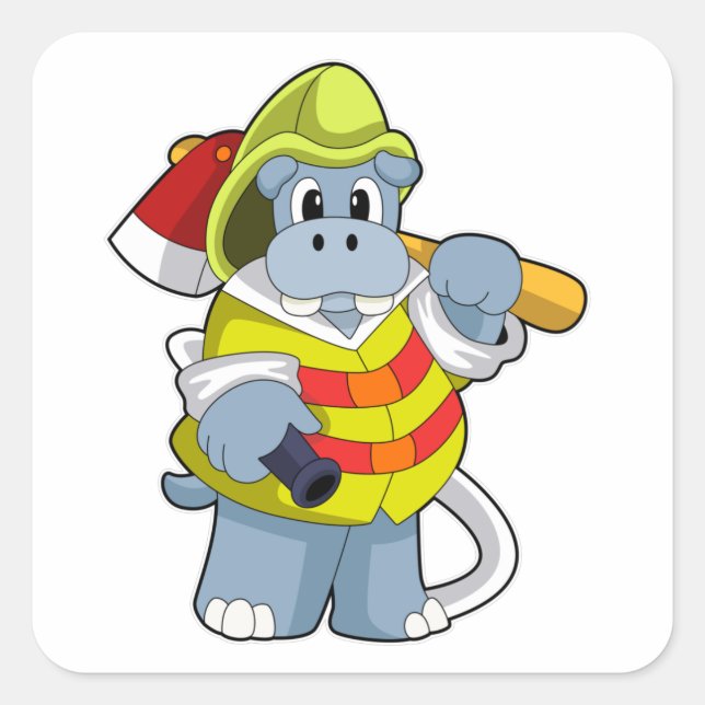 Hippo als Firefighter mit Ax Quadratischer Aufkleber (Vorderseite)
