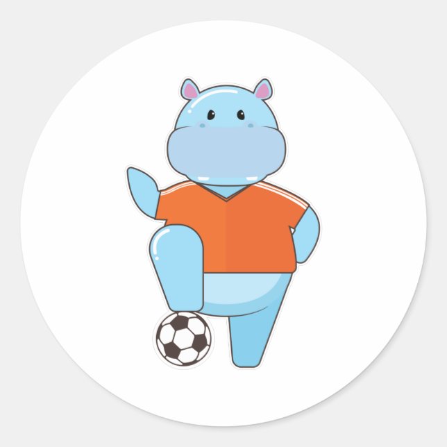 Hippo als Fußballspieler mit Fußball Runder Aufkleber (Vorderseite)