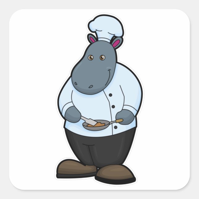 Hippo als Koch mit Pan Quadratischer Aufkleber (Vorderseite)
