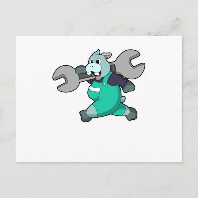 Hippo als Mechanik mit Schraubenschlüssel Postkarte (Vorderseite)