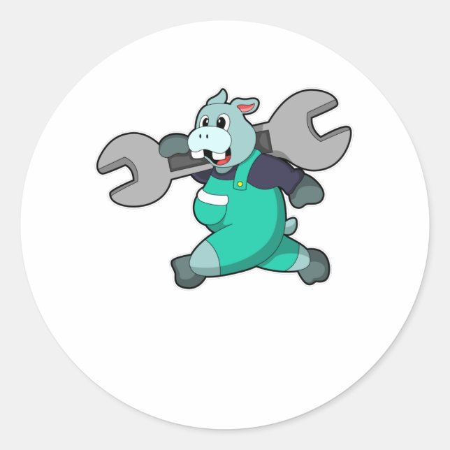 Hippo als Mechanik mit Schraubenschlüssel Runder Aufkleber (Vorderseite)