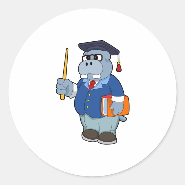 Hippo als Professor mit Buch Runder Aufkleber (Vorderseite)