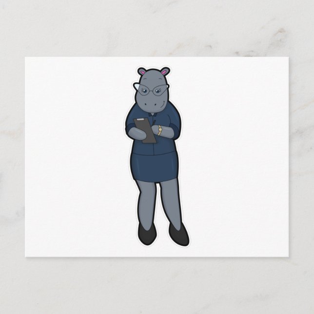 Hippo als Sekretär mit Notepad & Pen Postkarte (Vorderseite)